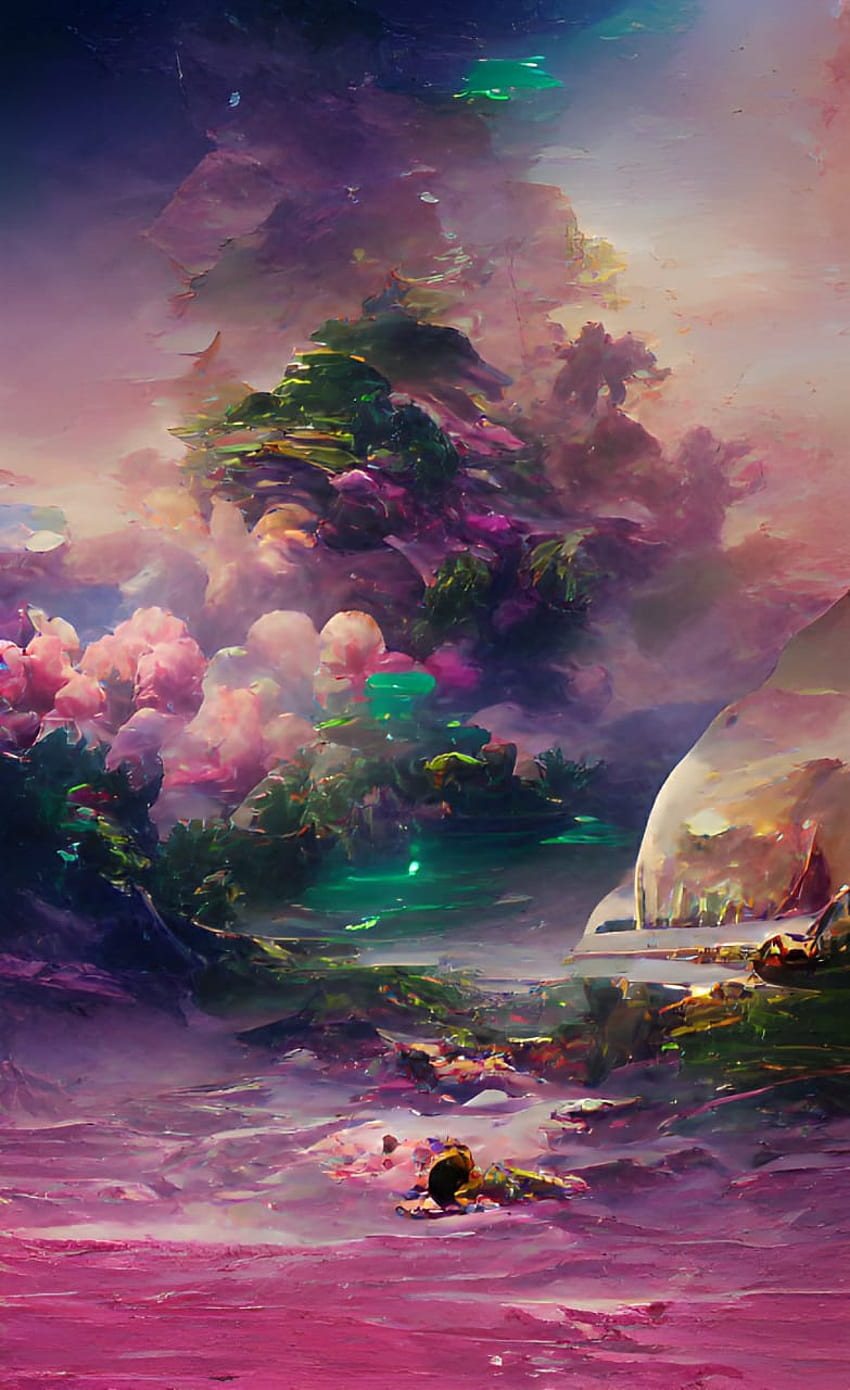 paisaje eden, arcoiris, nubes, rosa, irreal HD phone wallpaper