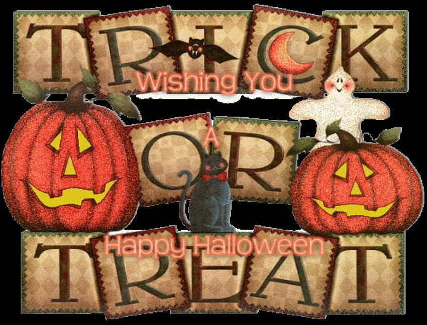 TRICK OR TREAT, pumpkins, black cat, halloween, ghost, bat HD wallpaper