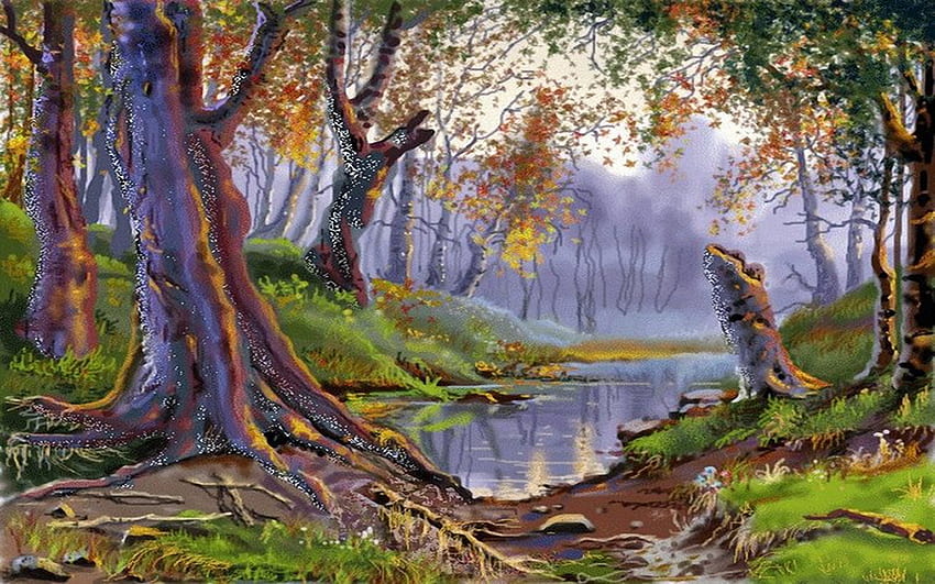 Di dalam hutan, sungai, rumput, keindahan, akar, tua, lukisan, cantik, pohon, alam, air, hutan Wallpaper HD