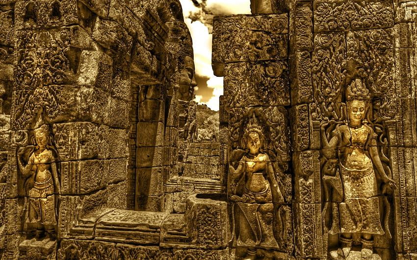 златните апсари в индуски храм r, златен, храм, r, статуи, камъни HD тапет