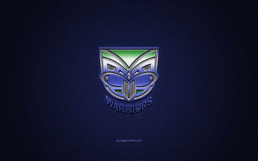 New Zealand Warriors, новозеландски ръгби клуб, NRL, синьо лого, син фон от въглеродни влакна, Национална ръгби лига, ръгби, Окланд, Нова Зеландия, лого на New Zealand Warriors HD тапет