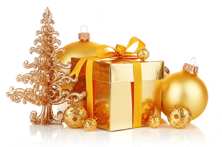 Weihnachtsdekoration, Grafik, Geschenk, Schönheit, Weihnachten, Neujahr, Schleife, Weihnachtsbaum, golden, süß, frohe Weihnachten, Band, Kugeln, schön, frohes neues Jahr, Dekoration, Schachtel, hübsch, Weihnachten, Kugel, Dekorationen, goldene Kugeln , schön HD-Hintergrundbild