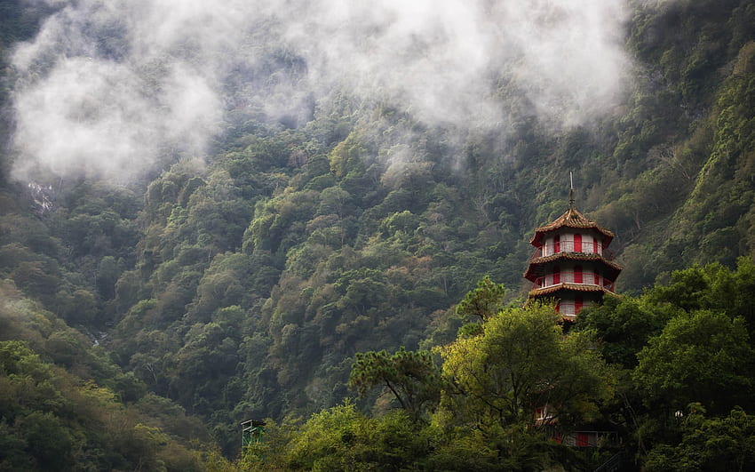 Taroko Gorge, Taiwan, Chinese architecture, temple, mountain landscape, fog for with resolution . High Quality HD wallpaper