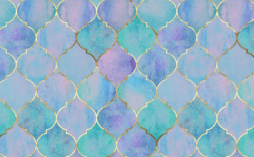 Lila grünes und blaues Aquarell mit goldenem marokkanischem Vintage-Muster für Wände, hübsches rosa Lila und Blau HD-Hintergrundbild