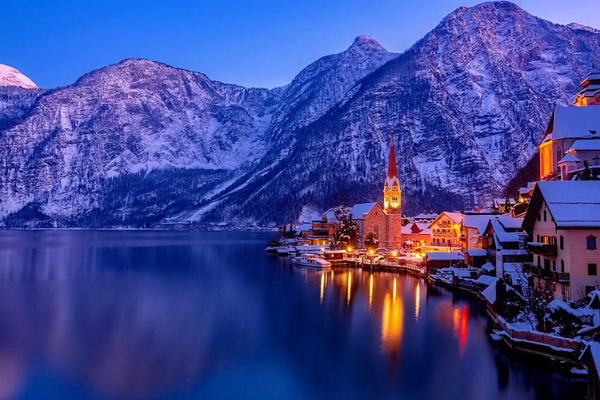 Austria in winter, winter, town, dusk, austria, serenity, twilight, shore, reflection, snow, calm, beautiful, lake, mountain, cliffs, lights, evening, village HD wallpaper