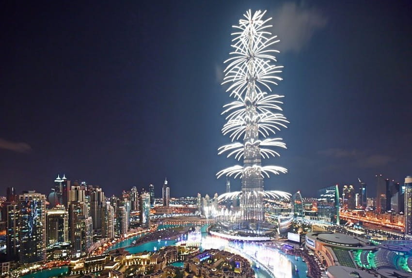 Fireworks in Dubai, fireworks, Dubi, buildings, city HD wallpaper