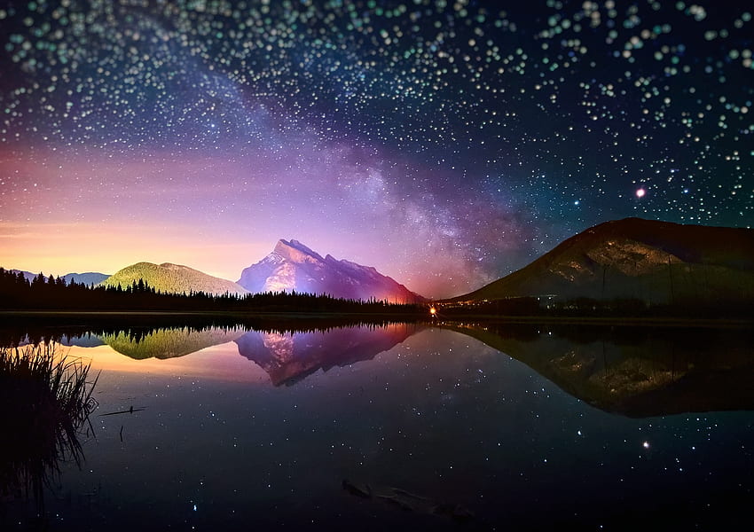 Starry Sky At Night, noite, rio, céu, natureza, estrelas, montanhas papel de parede HD