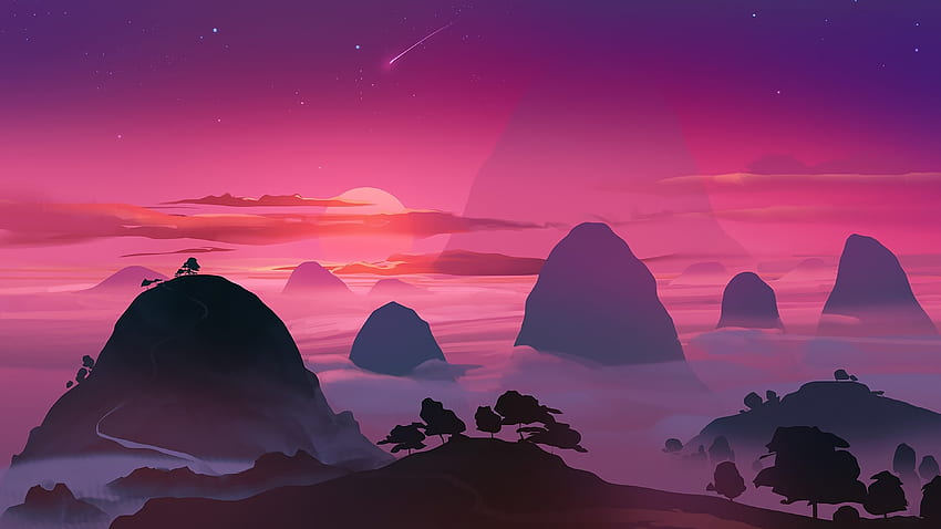 Rosa Sonnenuntergang, minimal, Berge, Luft HD-Hintergrundbild