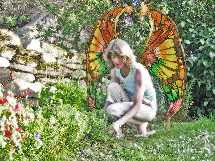 庭の妖精、翼、庭、花、女性 高画質の壁紙