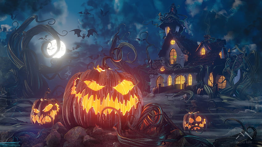 Halloween, night, fantasy, moon, pumpkin, luminos, orange, mauro fanti ...