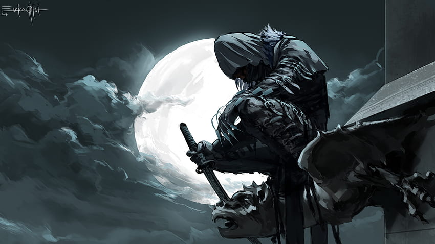 Fantasie-Ninja-Krieger mit Schwert-Mond-Hintergrund-Krieger HD-Hintergrundbild