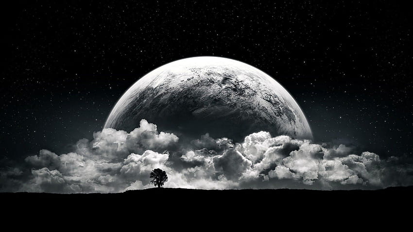Планета Луна Облаци Звезди Нощ Черно Бяло Пространство Монохромен Тъмен Сюрреалистичен Фентъзи Изкуство Дигитално Изкуство Спа - Резолюция:, Черно-бяла Вселена HD тапет