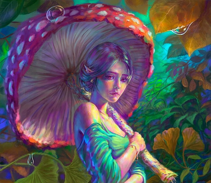 Fantasy girl, girl, umbrella, colorful, blue, frumusete, art, parasol, javier carmona, elf, mushroom, pink, fantasy, green HD wallpaper
