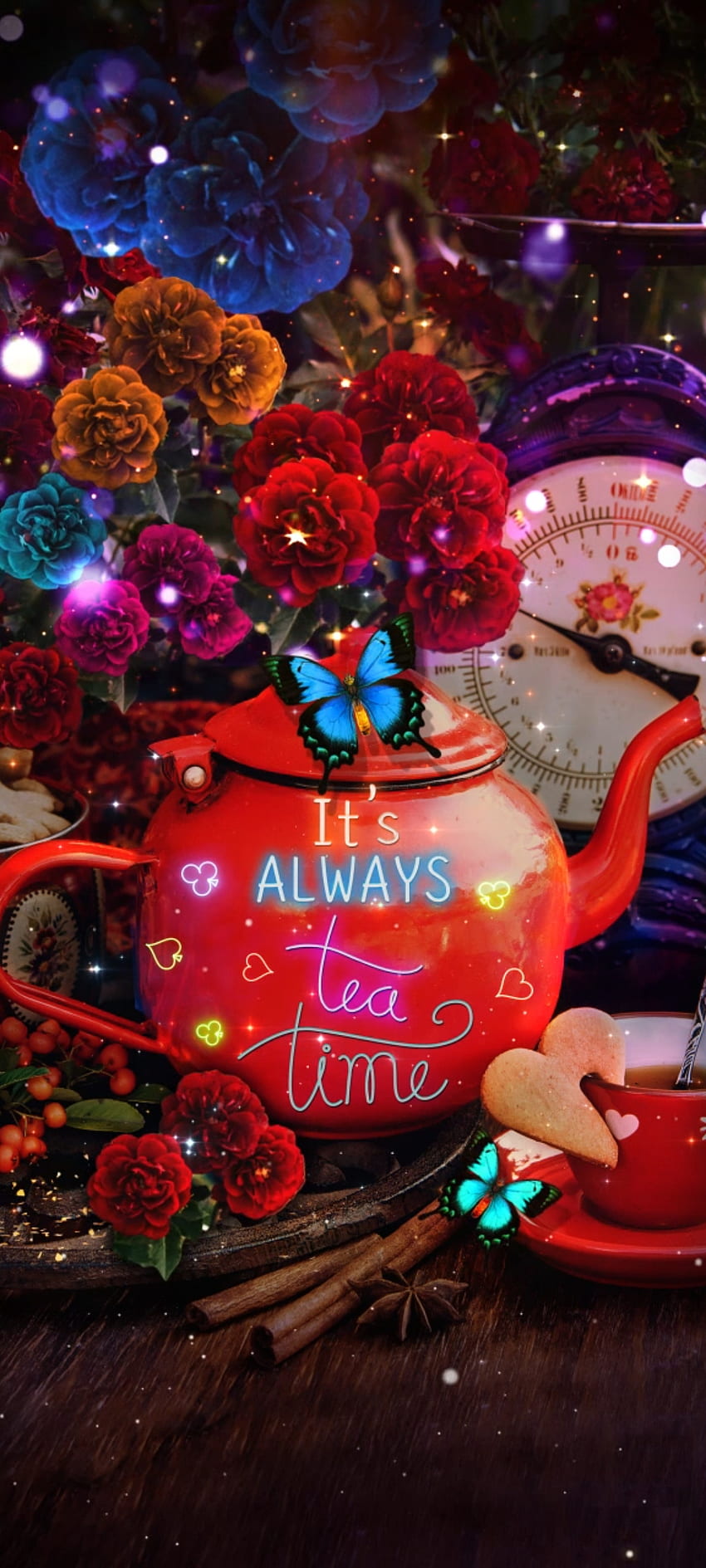 Immer Teezeit, rot, Serviergeschirr, Blumen, Luxus, Schmetterling, Kaffee HD-Handy-Hintergrundbild