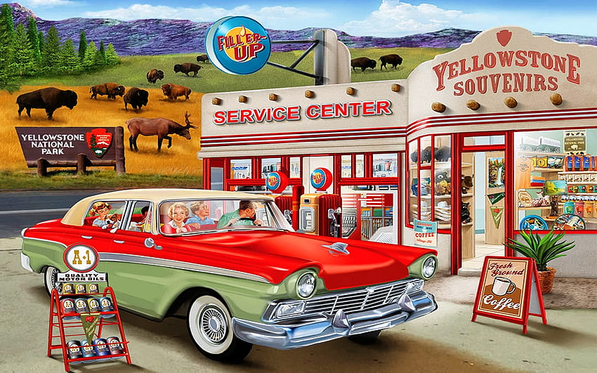 Yellowstone Memories, coffee shop, painting, yellowstone, service center, car, vintage, memories HD wallpaper