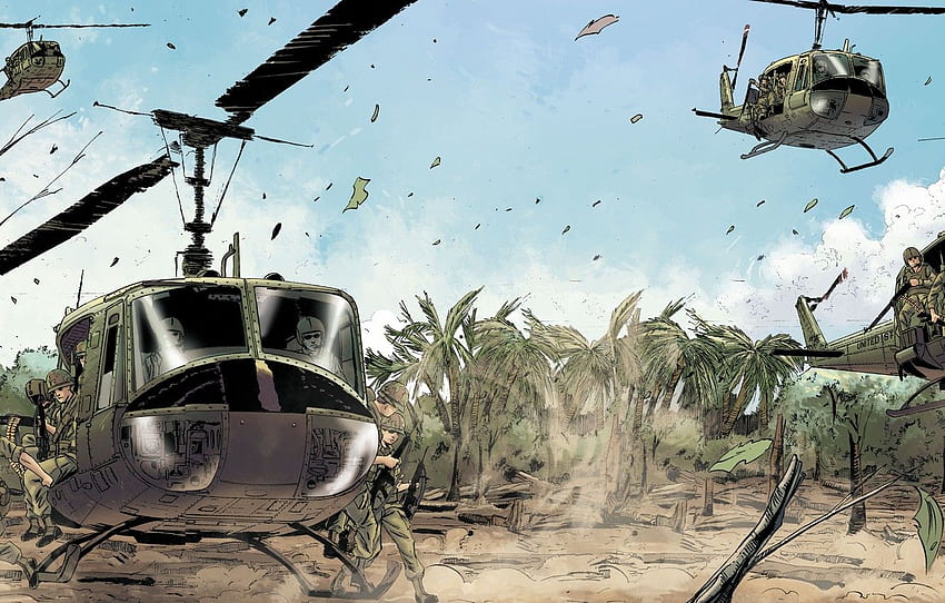 palm trees, figure, helicopters, Vietnam, landing, Huey HD wallpaper