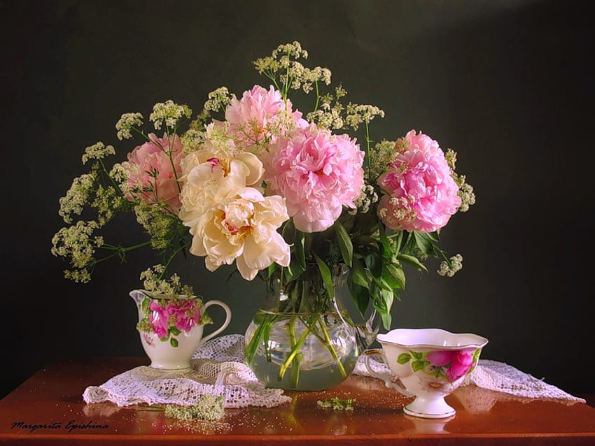 Still life, color, peonies, cup, spring, beauty, pink, freshness, nature, flowers HD wallpaper