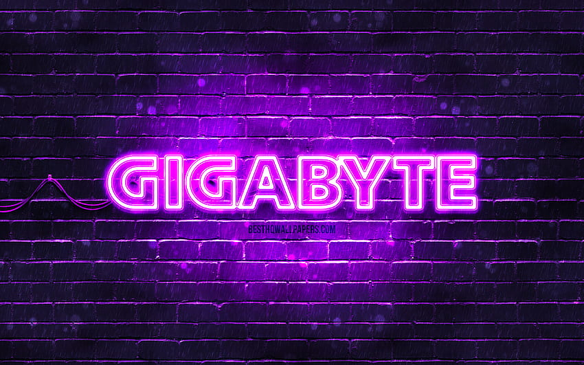 Violettes Gigabyte-Logo, violette Ziegelwand, Gigabyte-Logo, Marken, Gigabyte-Neon-Logo, Gigabyte HD-Hintergrundbild