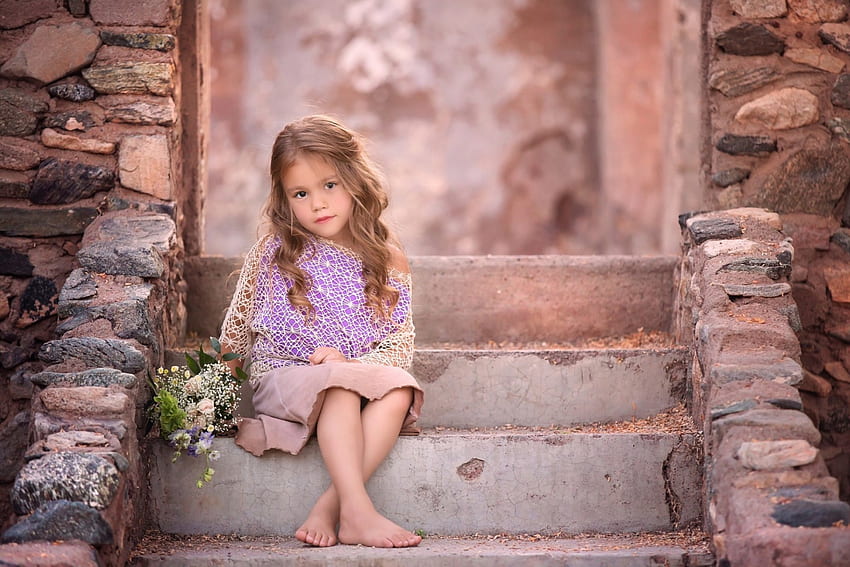 Little girl, pink, stairs, cute, girl, child, little HD wallpaper