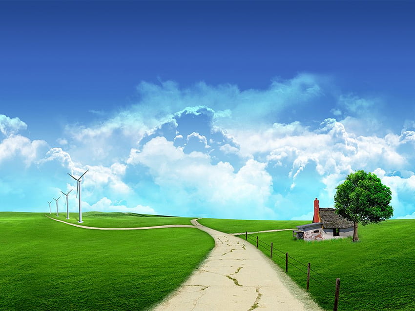 Road to cloudes, landscape, cloudes, grass, road HD wallpaper