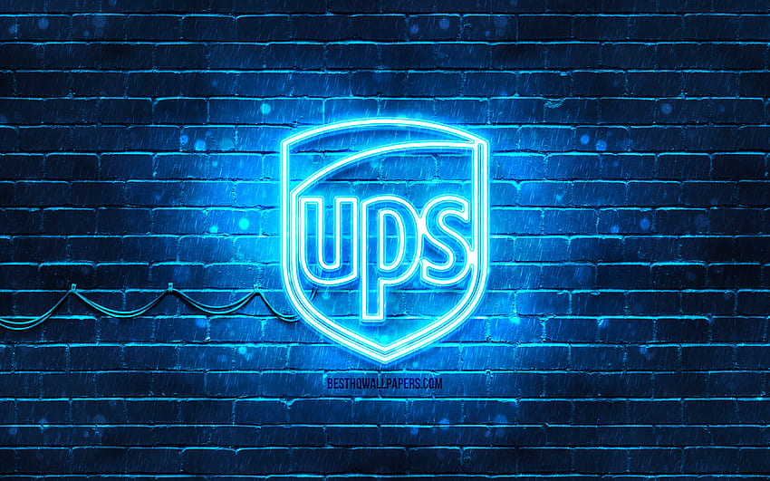Logo blu UPS, muro di mattoni blu, logo UPS, marchi, logo al neon UPS, UPS Sfondo HD