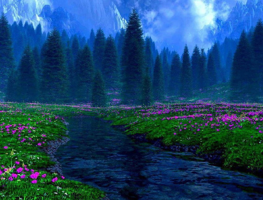 Blue Mountain Stream, azul, campos, corriente, flores moradas, montaña, naturaleza fondo de pantalla