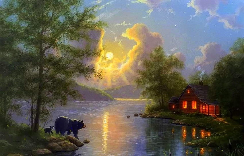 Moonlight of Summer, bears, attractions in dreams, paintings, summer, love four seasons, lakes, cottages, animals, cabins, nature, rivers, moons HD wallpaper