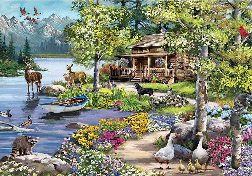 Cabin by the lake, ducks, painting, dogs, trees, raccoon, flowers, lake, geese HD wallpaper