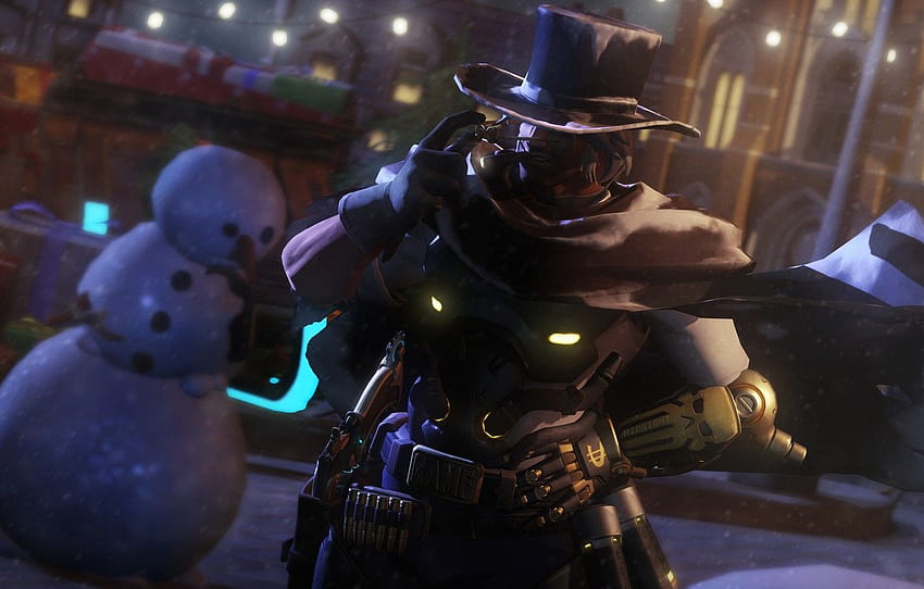 winter, night, new year, hat, glasses, cigar, snowman, cowboy, Overwatch, mccree, Jesse McCree for , section игры HD wallpaper