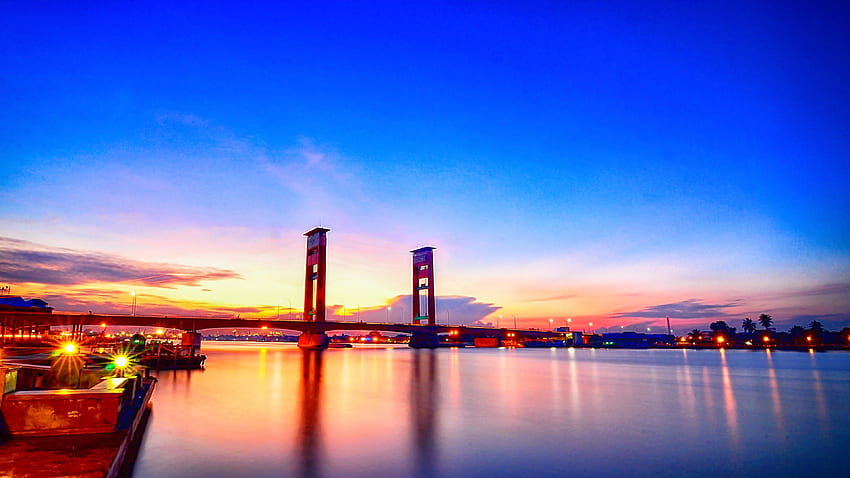 Pearl Bridge, Giappone, Notte, Cielo blu, Asia, Fiume Ampera Bridge, Palembang Sfondo HD