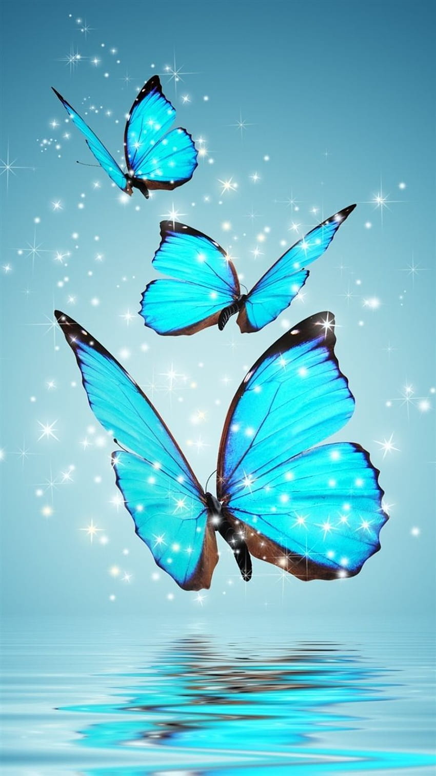 Ƒ↑¡TOCA Y OBTÉN LA APLICACIÓN! Brillantes mariposas chispeantes de niña, aguamarina fondo de pantalla del teléfono