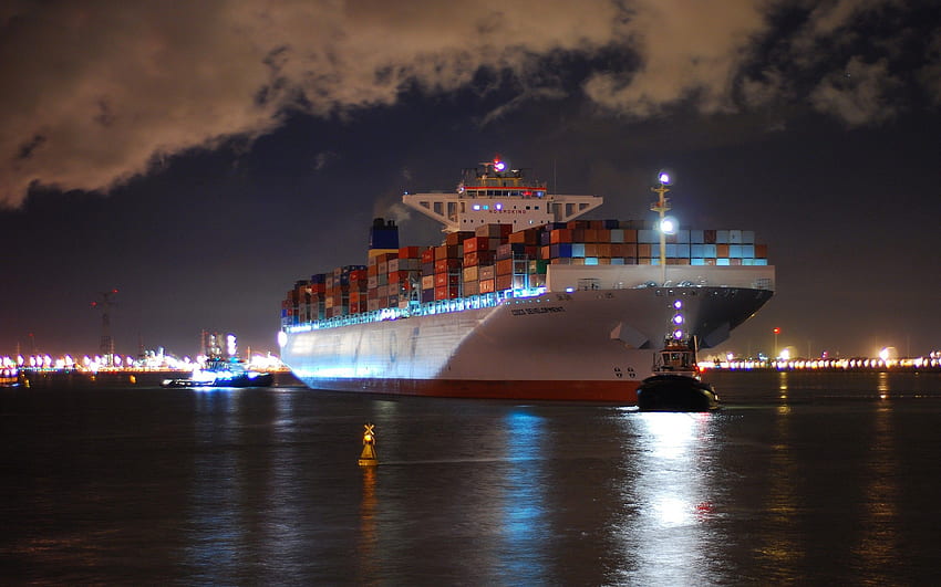 Cosco Container ship in the port and -, Ships at Night HD wallpaper