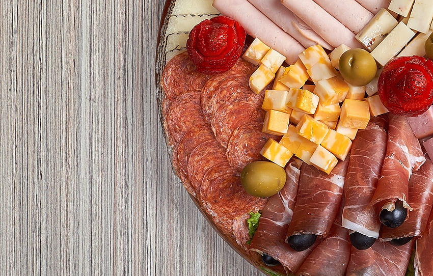 cheese, strawberry, meat, olives, sausage, cutting, cuts, ham, ham for , section еда, Cold Cuts HD wallpaper
