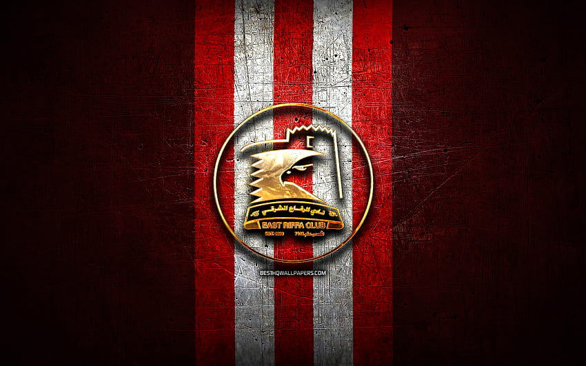 East Riffa Club, golden logo, Bahraini Premier League, red metal background, football, Bahraini football club, East Riffa Club logo, soccer, East Riffa Club FC HD wallpaper