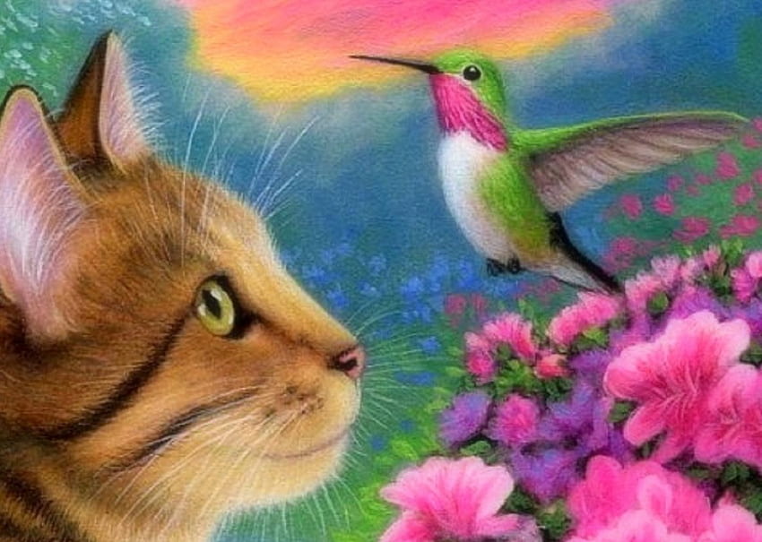 Tekir Kedi ve Sinek Kuşu, kuşlar, rüyalardaki atraksiyonlar, kediler, bahçe, şirin, ler, bahar, dört mevsimi seviyorum, hayvanlar, sinek kuşu, çiz ve boya, çiçekler HD duvar kağıdı