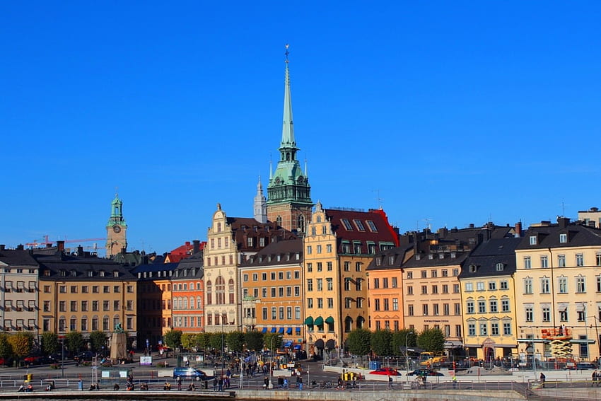 Стокхолм, хора, къщи, синьо, небе HD тапет