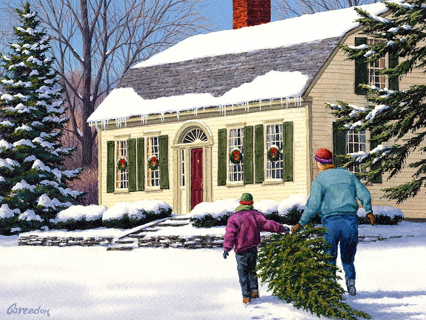 Feiertage, Neujahr, Weihnachten, Familie, Weihnachtsbaum, Postkarte, Attribut HD-Hintergrundbild