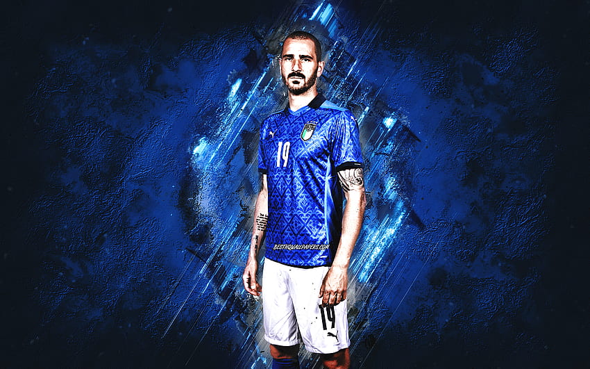 レオナルド・ボヌッチ、イタリア代表サッカーチーム、イタリアのサッカー選手、ポートレート、青い石の背景、イタリア、サッカー 高画質の壁紙