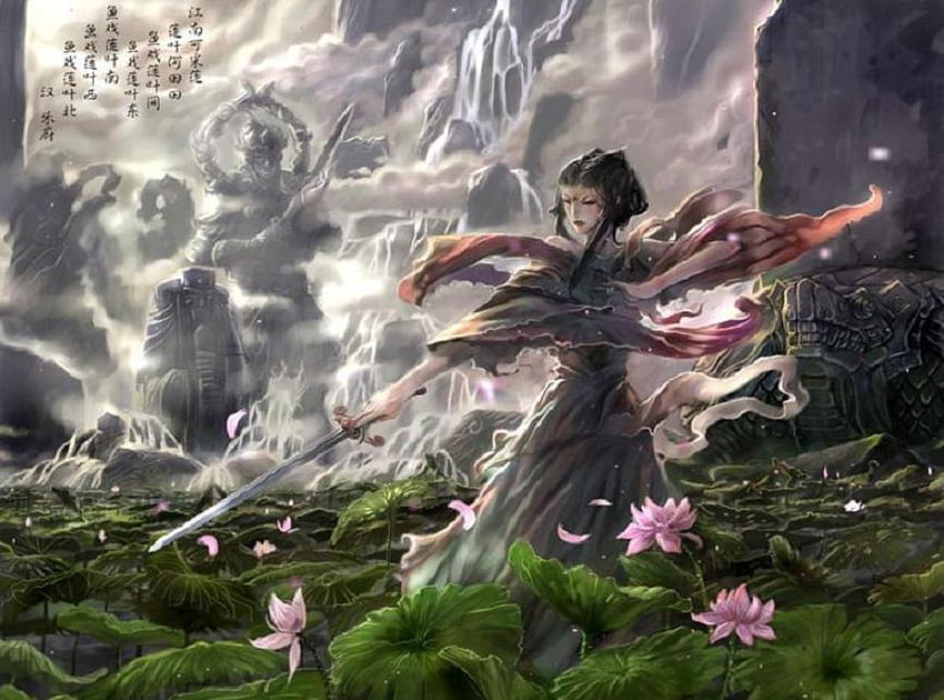 Tari Teratai, bunga teratai, penari, pedang, oriental, wanita Wallpaper HD