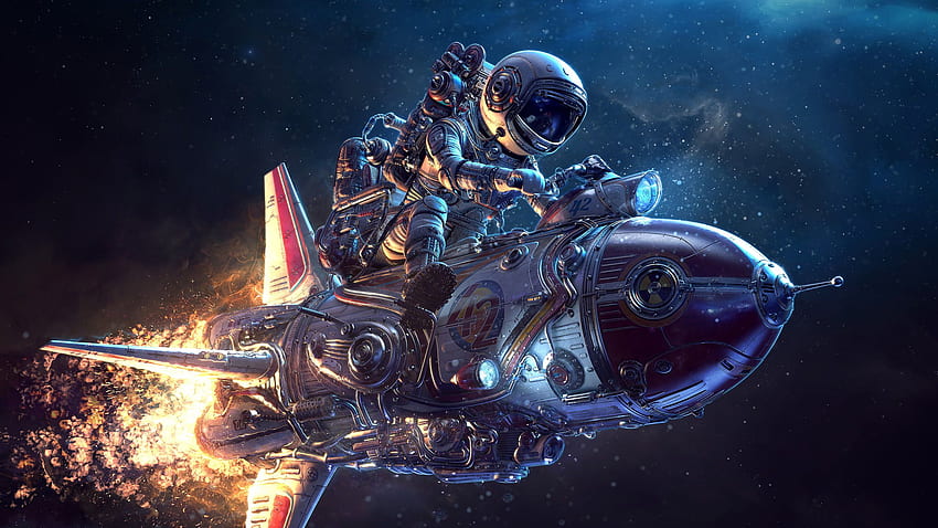 Astronauta in sella a un razzo, astronave, astronauta, scienza, fantastico astronauta 3D Sfondo HD