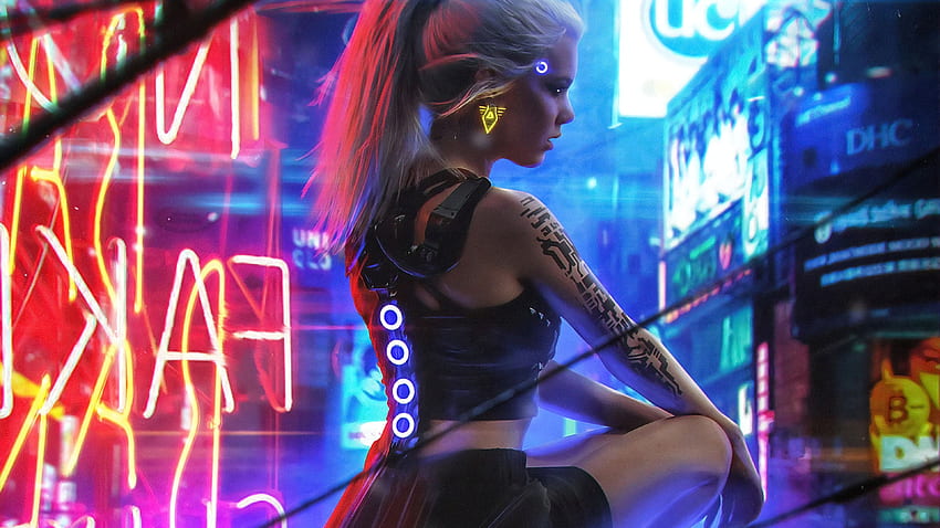 Cyberpunk Neon Girl 2019 Игри , , Художник , Произведения на изкуството , Cyberpunk 2077 , Дигитално изкуство , Игри , , Неон, Cyberpunk Neon City HD тапет