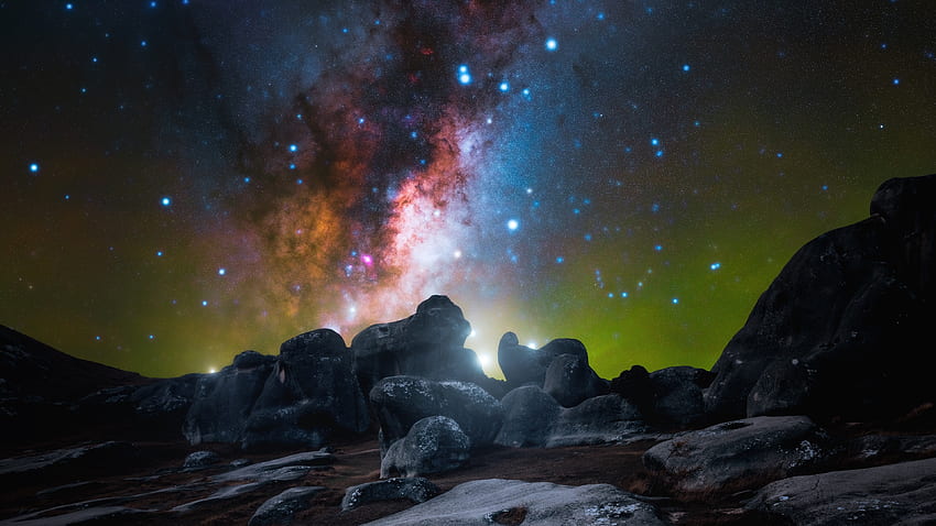 Paesaggio notturno, rocce, galassia della Via Lattea, cielo, natura Sfondo HD