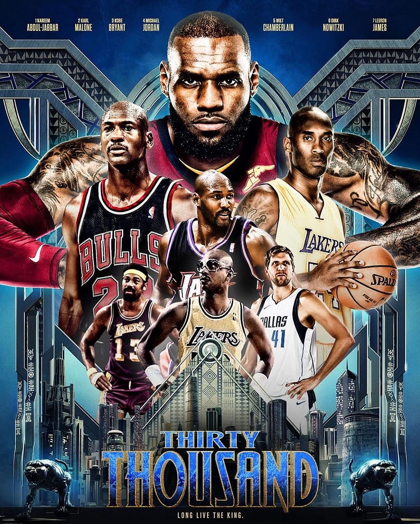 Poster Black Panther dengan 7 legenda yang merupakan bagian dari 30.000 klub. LeBron James, Michael Jordan, Kobe Bryant, Karl Malone, Wilt Ch. Nba, Basquete wallpaper ponsel HD