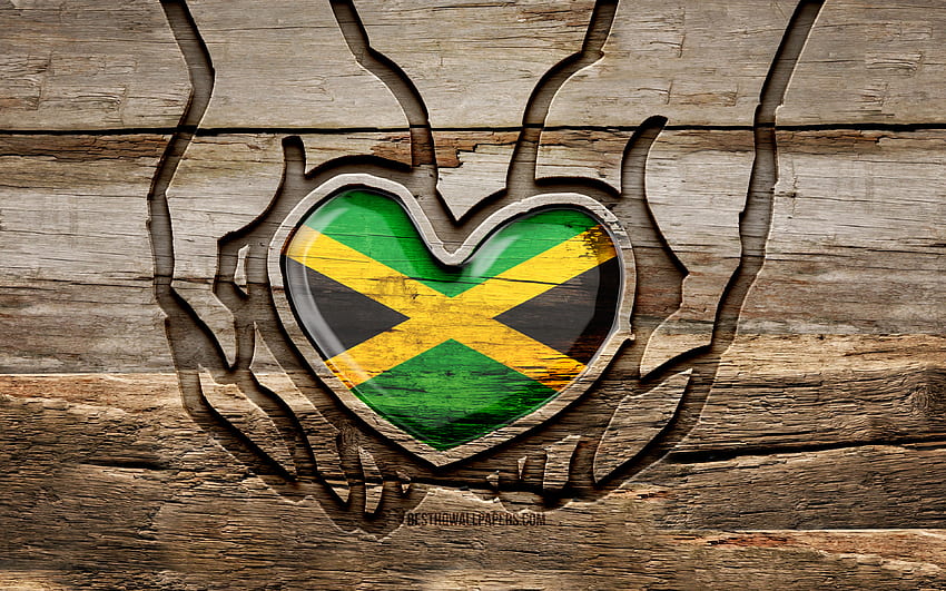 Me encanta Jamaica, manos talladas en madera, Día de Jamaica, bandera jamaicana, Bandera de Jamaica, Cuida Jamaica, creativo, bandera de Jamaica, bandera de Jamaica en la mano, talla de madera, países de América del Norte, Jamaica fondo de pantalla