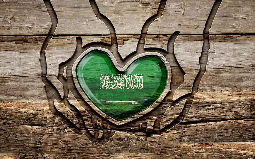 Me encanta Arabia Saudita, manos talladas en madera, Día de Arabia Saudita, Bandera de Arabia Saudita, Bandera de Arabia Saudita, Cuida Arabia Saudita, creativo, Bandera de Arabia Saudita, Bandera de Arabia Saudita en la mano, Talla de madera, Países asiáticos, Arabia Saudita fondo de pantalla