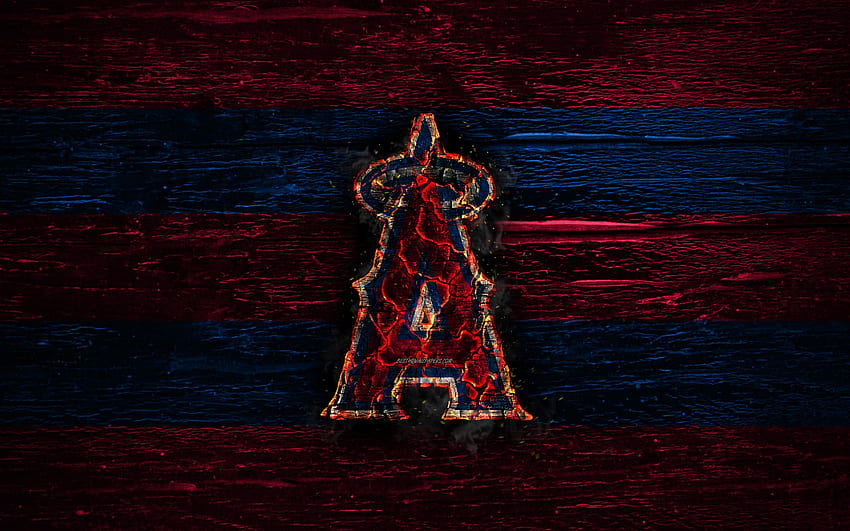 Los Angeles Angels, logotipo do fogo, MLB, linhas roxas e azuis, time de beisebol americano, LA Angels, grunge, beisebol, logotipo do Los Angeles Angels, textura de madeira, EUA para com resolução. Alto papel de parede HD
