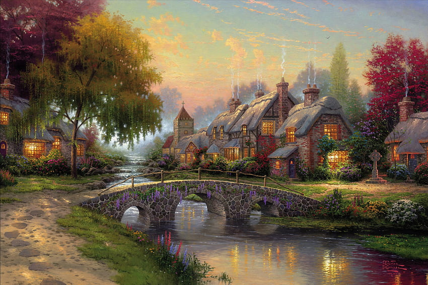 Kopfsteinpflasterbrücke, Malerei, Cottage, Sommer, Fluss, Kunst HD-Hintergrundbild