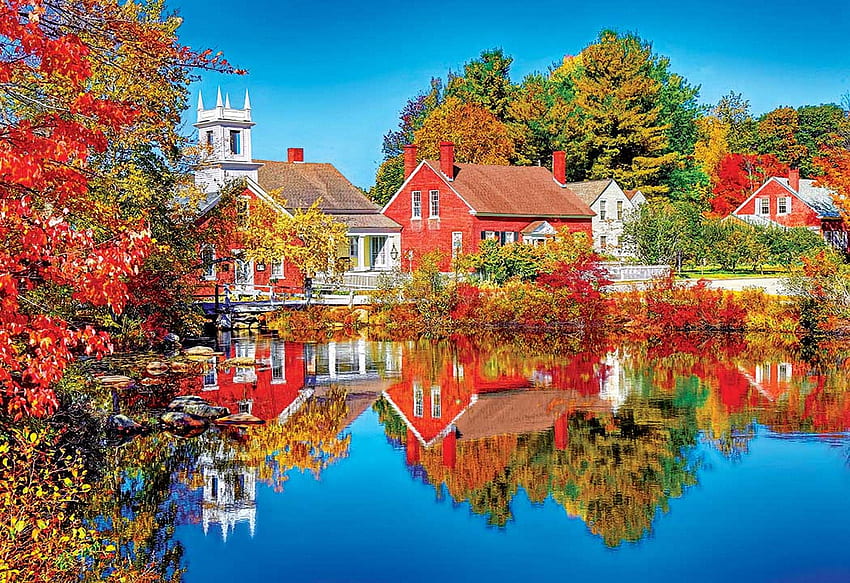 Outono em Harrisville, New Hampshire, árvores, cores, água, aldeia, EUA, lago, reflexões papel de parede HD