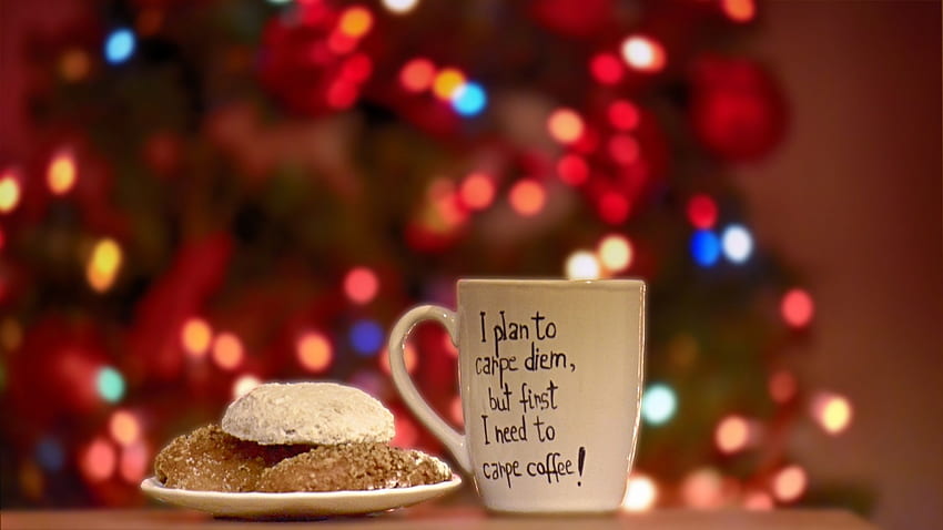 Tree lights, christmas, coffee, cup, cookies HD wallpaper