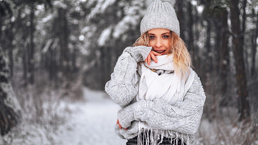 Beautiful Blonde Girl Model Is Standing In Blur Winter Forest Background Wearing Ash Woolen Knitted Dress And Cap Girls HD wallpaper